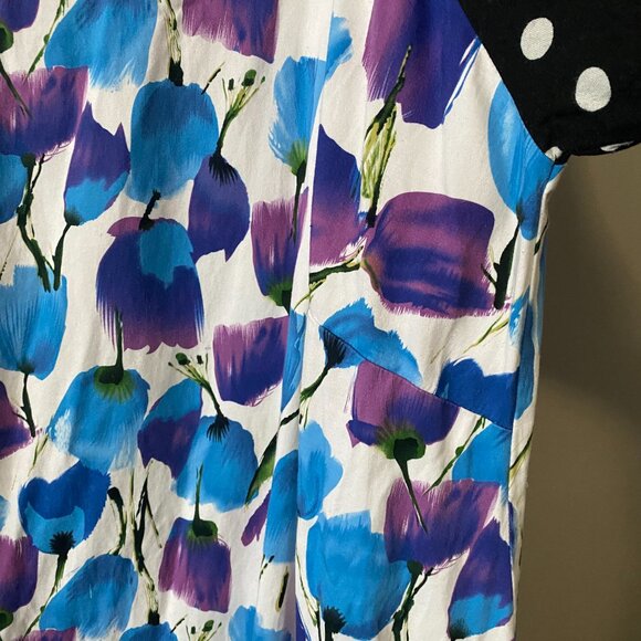 Handmade Plus Size Cotton Blue Floral Black White Polka Dot Dress - Picture 7 of 14